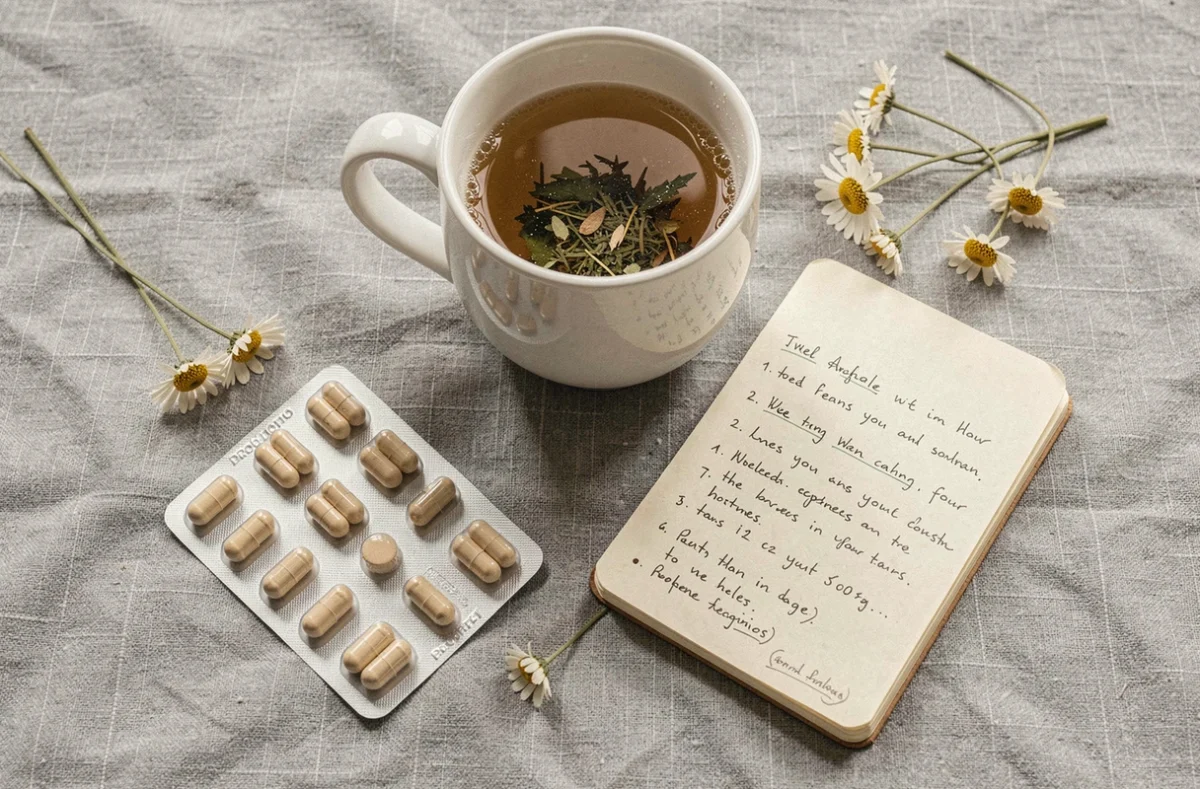 Flatlay probiotiques capsules carnet bien-être et tisane pour soulager les ballonnements naturellement