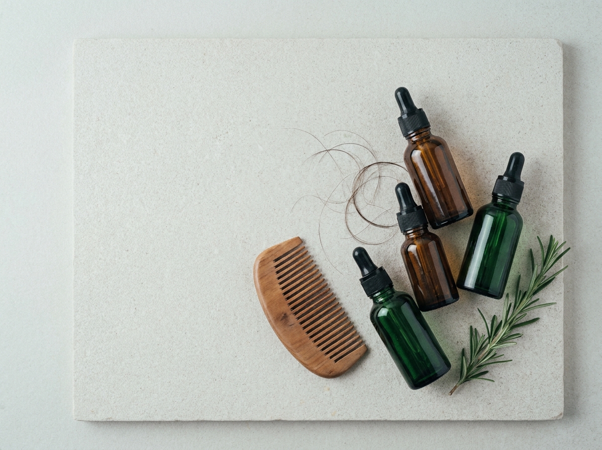 Flatlay de sérums capillaires en flacons compte-gouttes sur une surface en pierre pâle pour illustrer le choix d'un sérum anti-chute