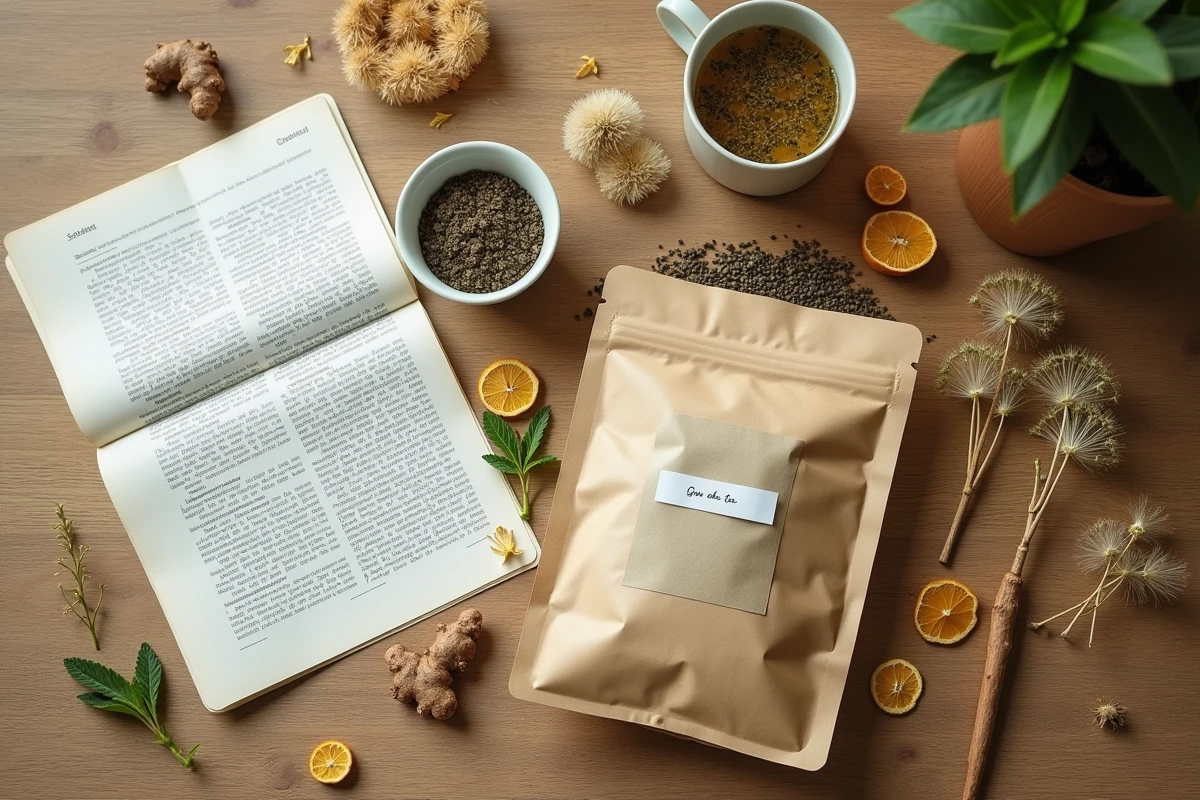 Flatlay d'un sachet de thé détox artisanal entouré de plantes séchées et d'une revue scientifique, symbolisant l'analyse des promesses marketing face aux études sur les thés minceur