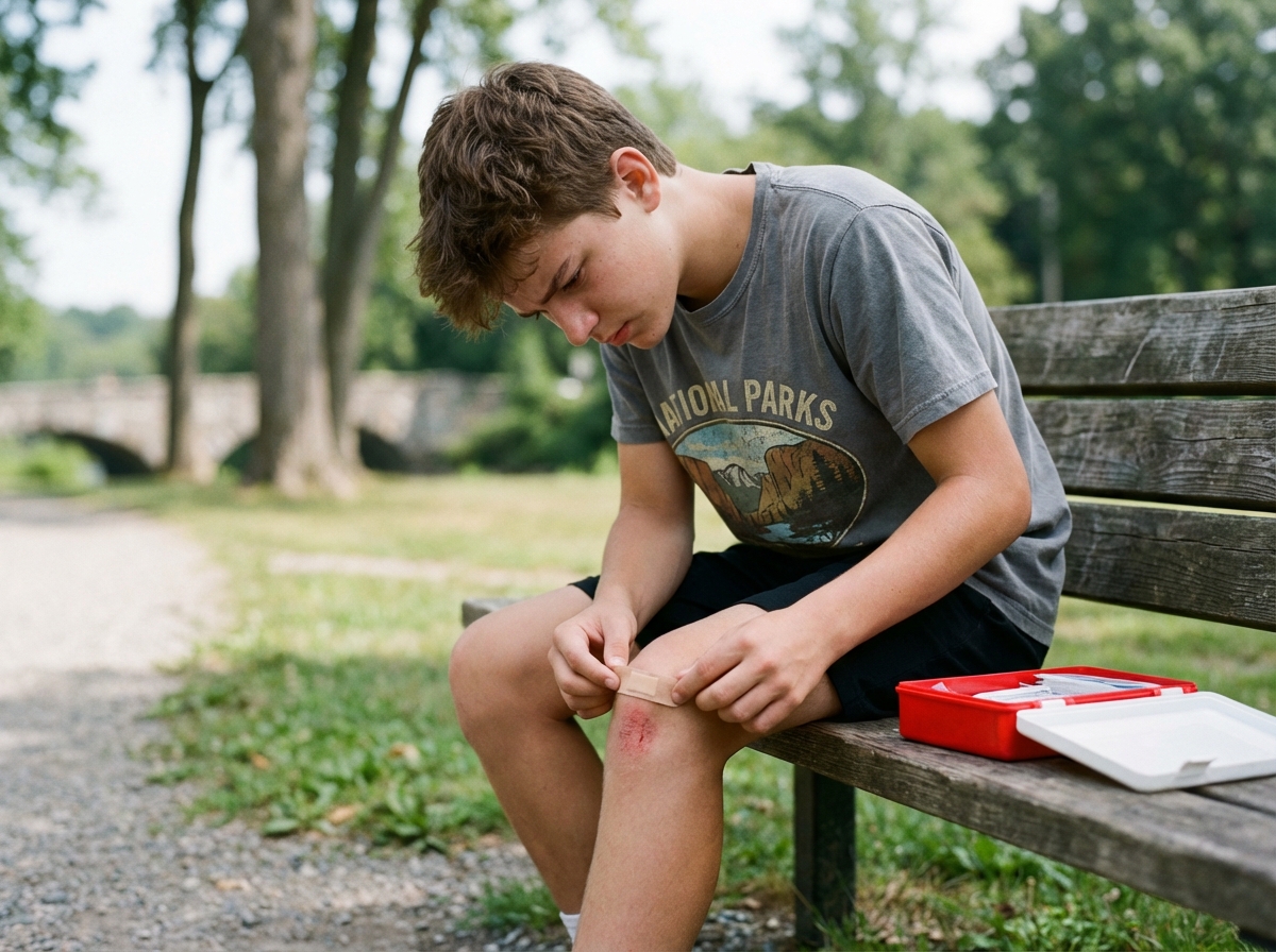 Garçon appliquant un pansement dans un parc