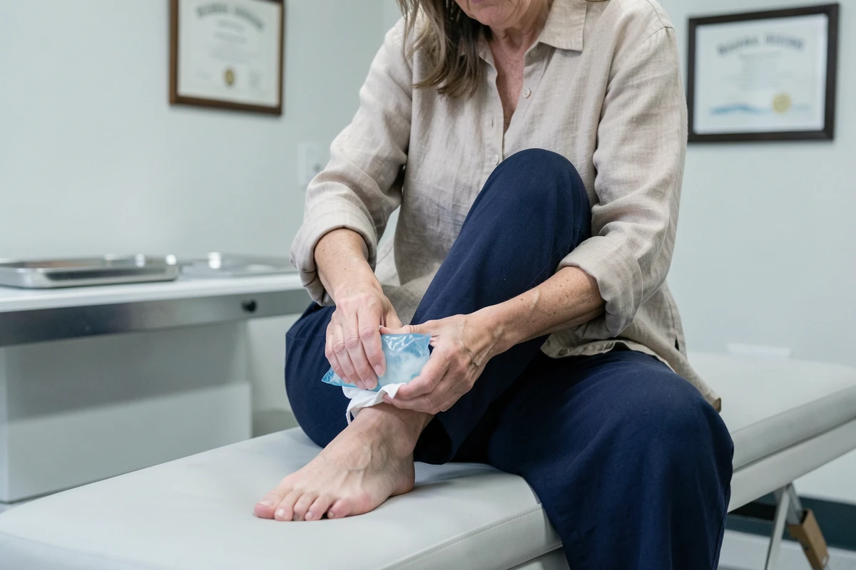 Femme appliquant une poche de glace sur son talon pour calmer la douleur d'une bursite d'Achille chez un médecin du sport