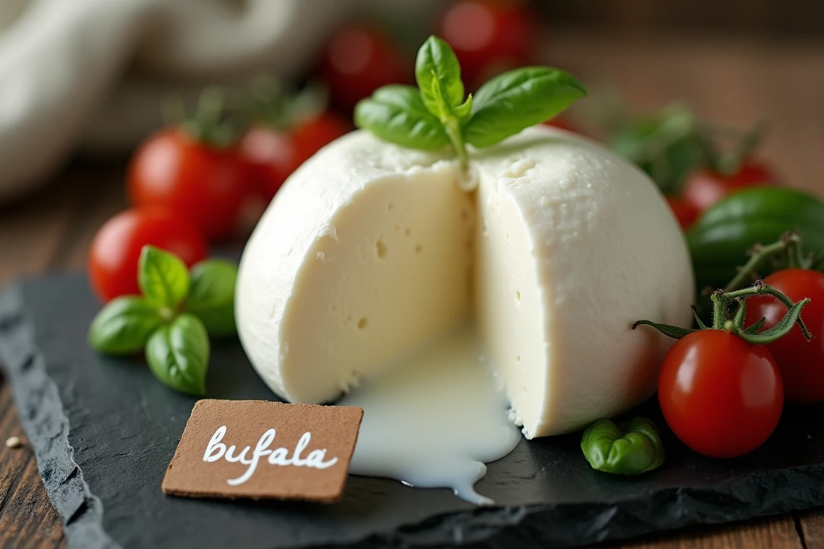 Gros plan d'une mozzarella di bufala fraîche tranchée sur une ardoise avec basilic et tomates cerises