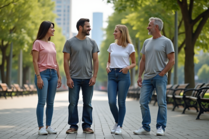 Groupe d'amis souriants dans un parc urbain en jeans