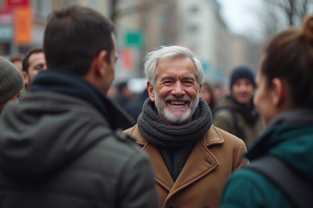 Groupe de volontaires aidant avec un homme souriant en extérieur