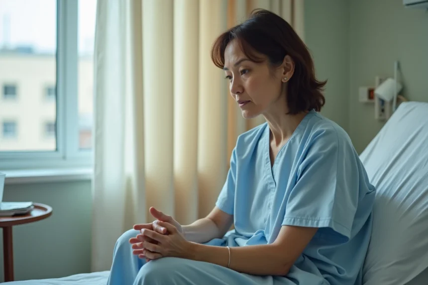 Femme guérie de la maladie de Ménière assise sur un lit d'hôpital, regard pensif, ambiance médicale apaisée