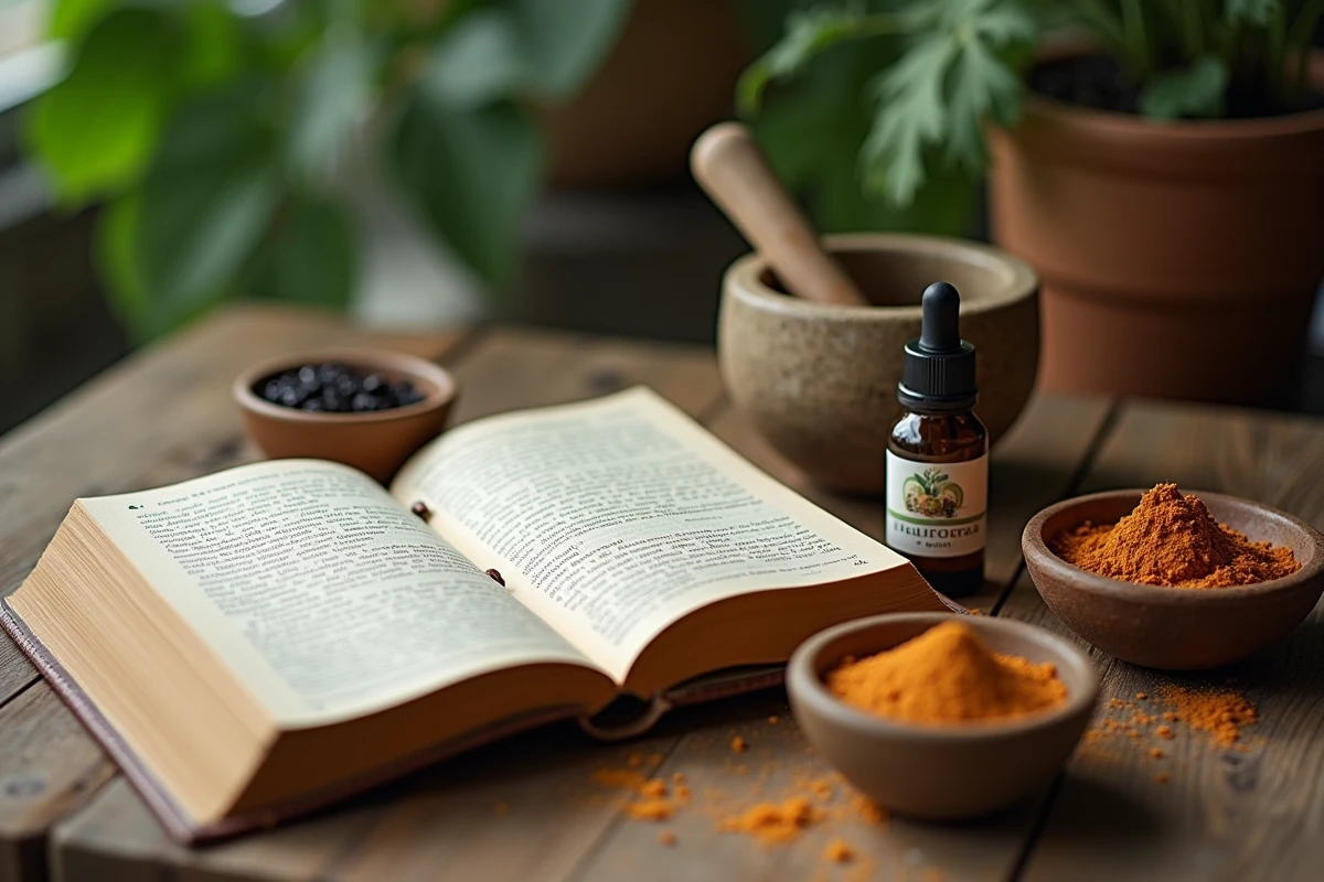 Bureau en bois avec guide ayurvédique ouvert, mortier et bols de poudres incluant le shilajit et l'ashwagandha
