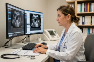 Gynécologue analysant des images d'échographie utérine sur un écran médical dans un cabinet moderne