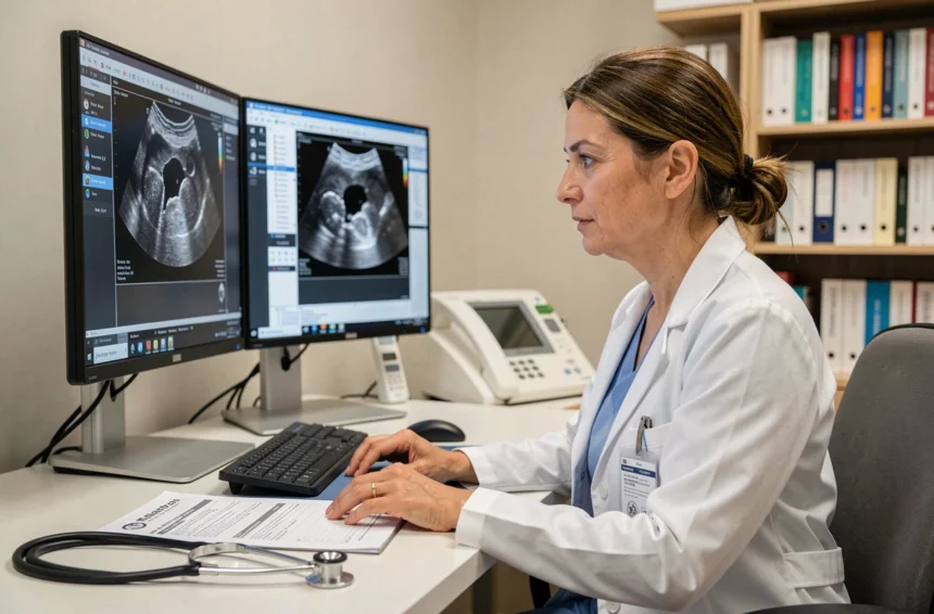 Gynécologue analysant des images d'échographie utérine sur un écran médical dans un cabinet moderne