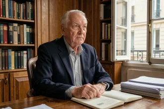 Portrait d'un homme âgé et distingué assis à un bureau parisien entouré de livres, illustrant une figure intellectuelle et politique française
