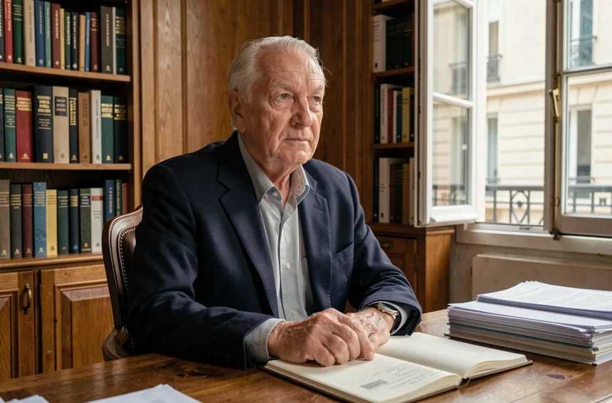 Portrait d'un homme âgé et distingué assis à un bureau parisien entouré de livres, illustrant une figure intellectuelle et politique française