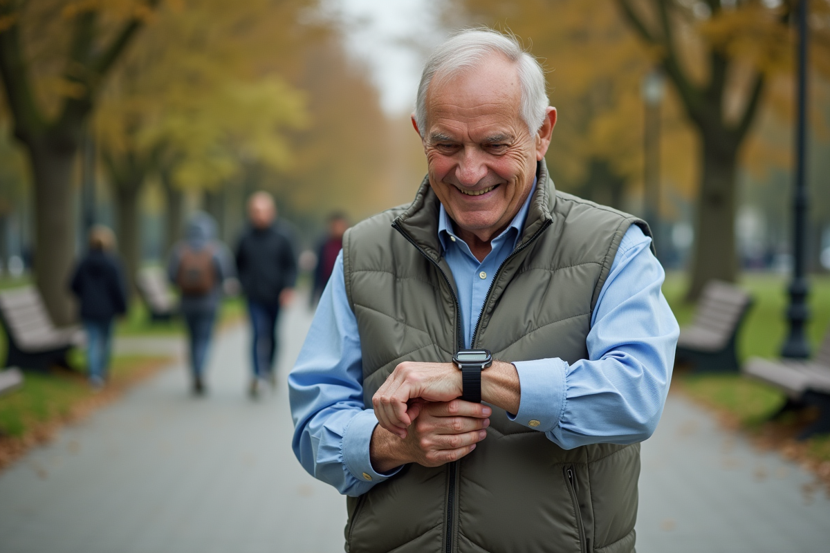 Homme âgé marchant dans un parc en regardant sa montre