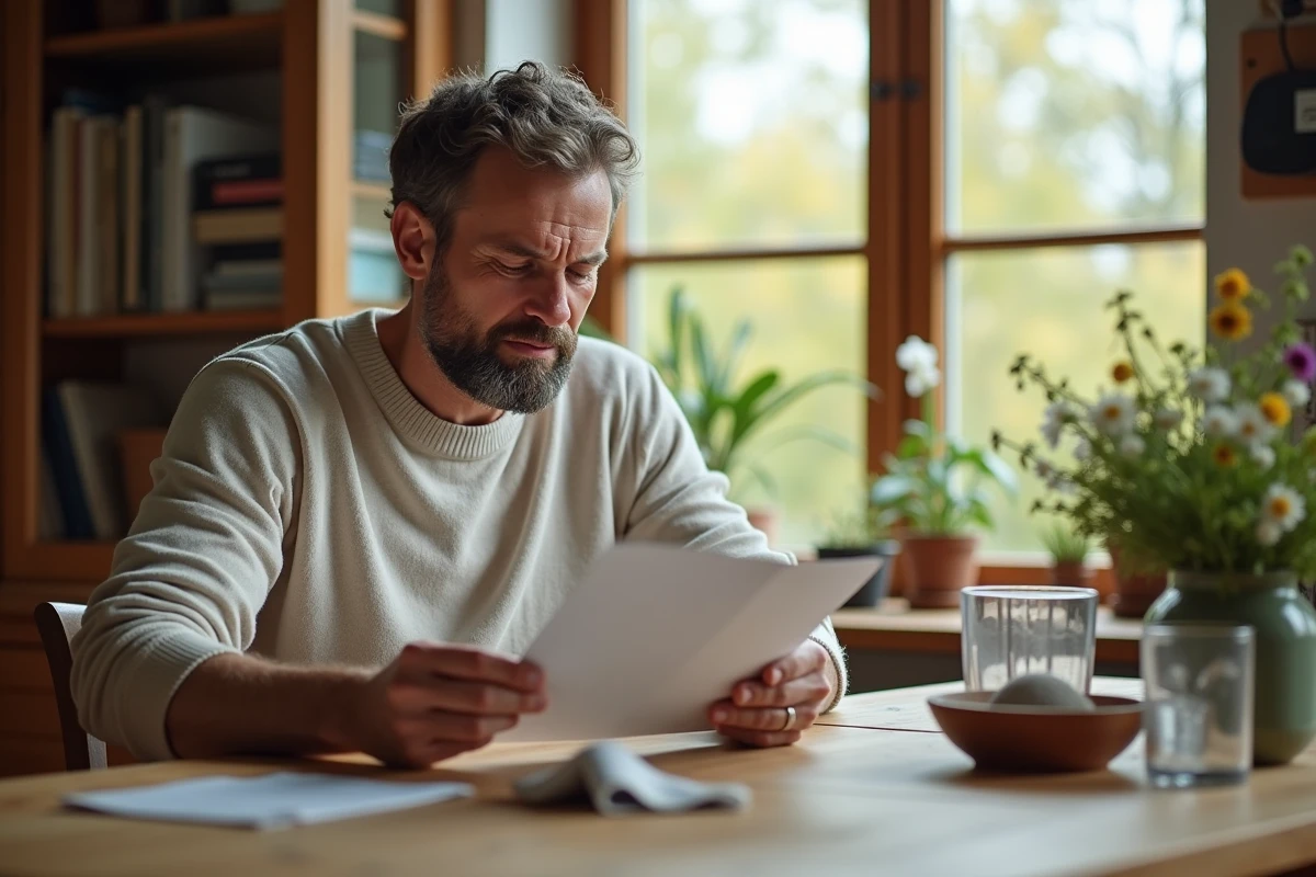 Homme lit un dépliant sur les allergies dans sa cuisine