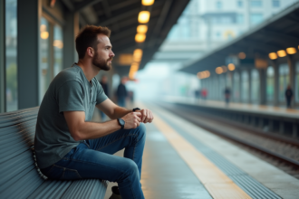 Homme patient regardant les voies dans une gare moderne