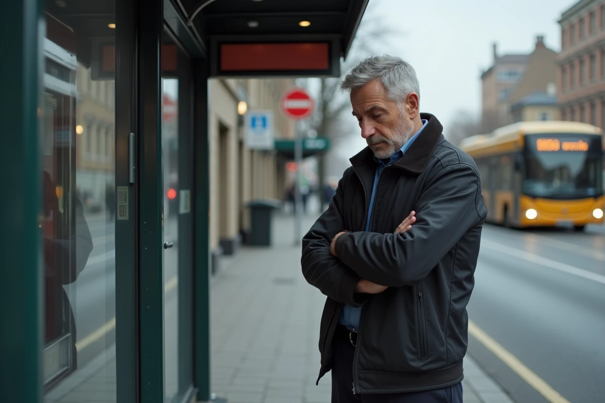 Homme au arrêt de bus dans une rue urbaine