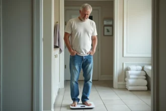 Homme d'âge moyen sur une balance dans une salle de bain moderne