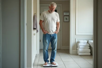Homme d'âge moyen sur une balance dans une salle de bain moderne