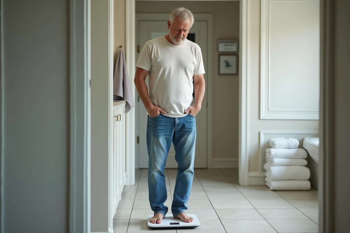 Homme d'âge moyen sur une balance dans une salle de bain moderne