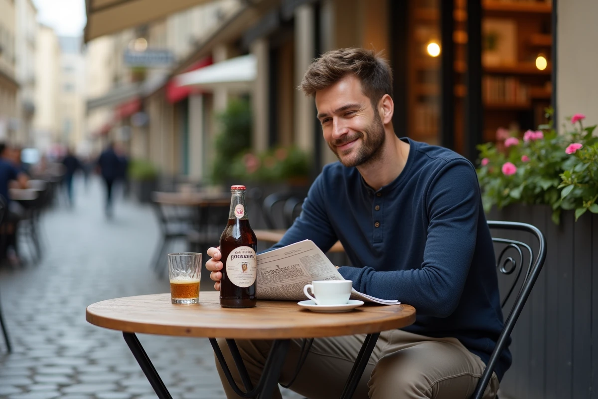 Homme remplaçant son café classique par une boisson Bonjour en terrasse parisienne