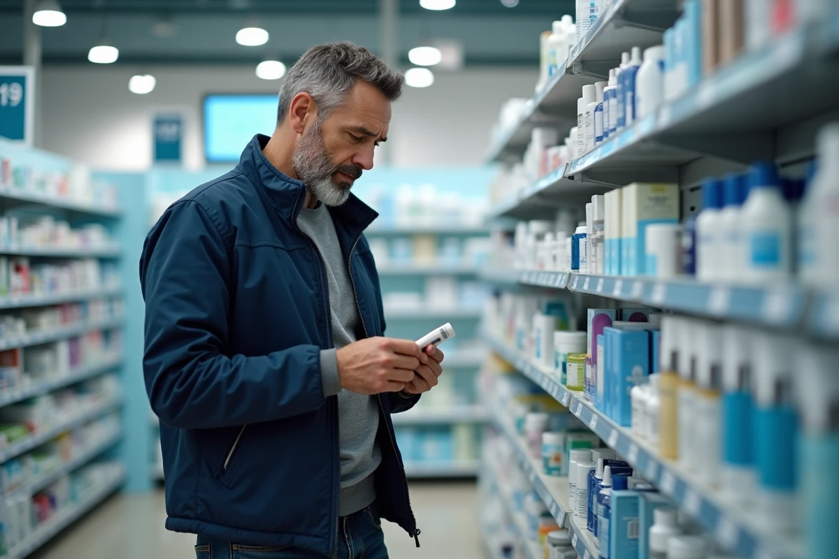 Homme lisant attentivement l'étiquette d'une crème contre l'eczéma dans le rayon d'une pharmacie