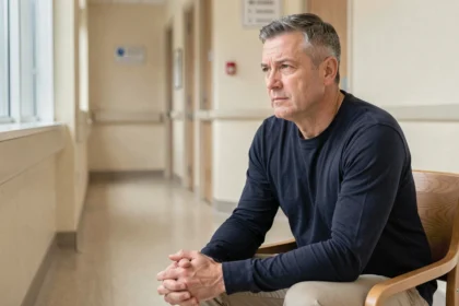 Homme en rémission assis dans un couloir d'hôpital avec une expression de détermination calme, illustrant le combat contre le cancer