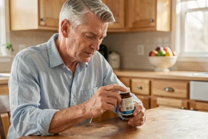 Homme d'âge mûr lisant l'étiquette d'un complément alimentaire pour le cholestérol à la cuisine