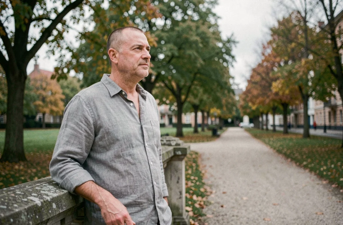 Homme chauve en convalescence debout dans un parc automnal, regard pensif symbolisant l'espoir et la lutte contre la maladie
