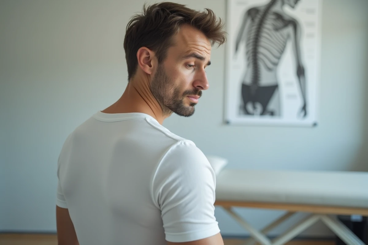 Homme en clinique de physiothérapie tenant son épaule et regardant son dos, évoquant un lien entre douleur dorsale et inconfort sous l'aisselle