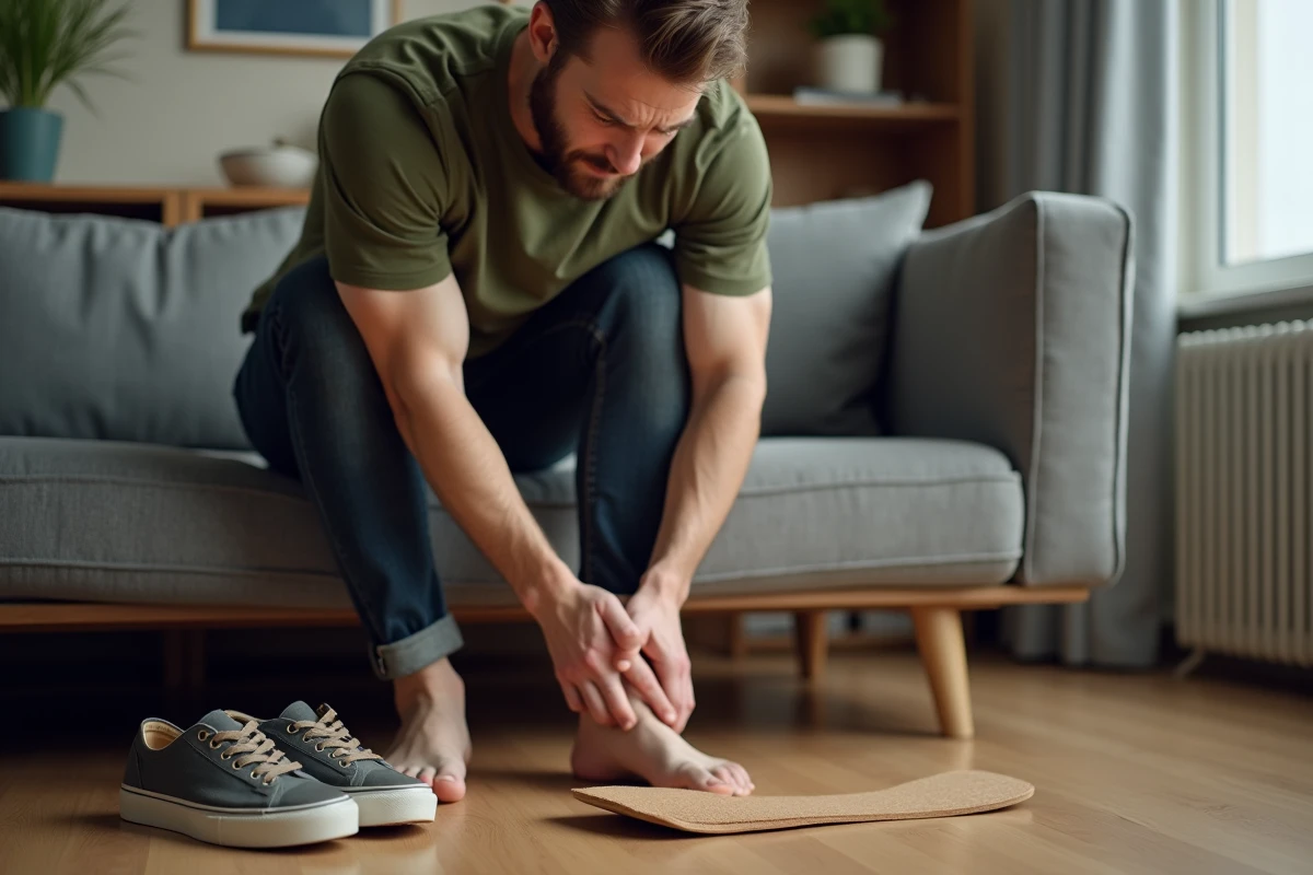 Homme souffrant de douleurs au pied plat à cause d'une semelle orthopédique usée posée sur le sol à côté de ses chaussures