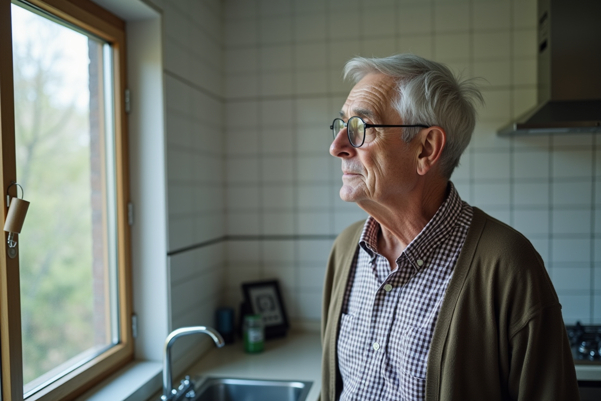 Homme âgé regardant par la fenêtre dans la cuisine lumineuse