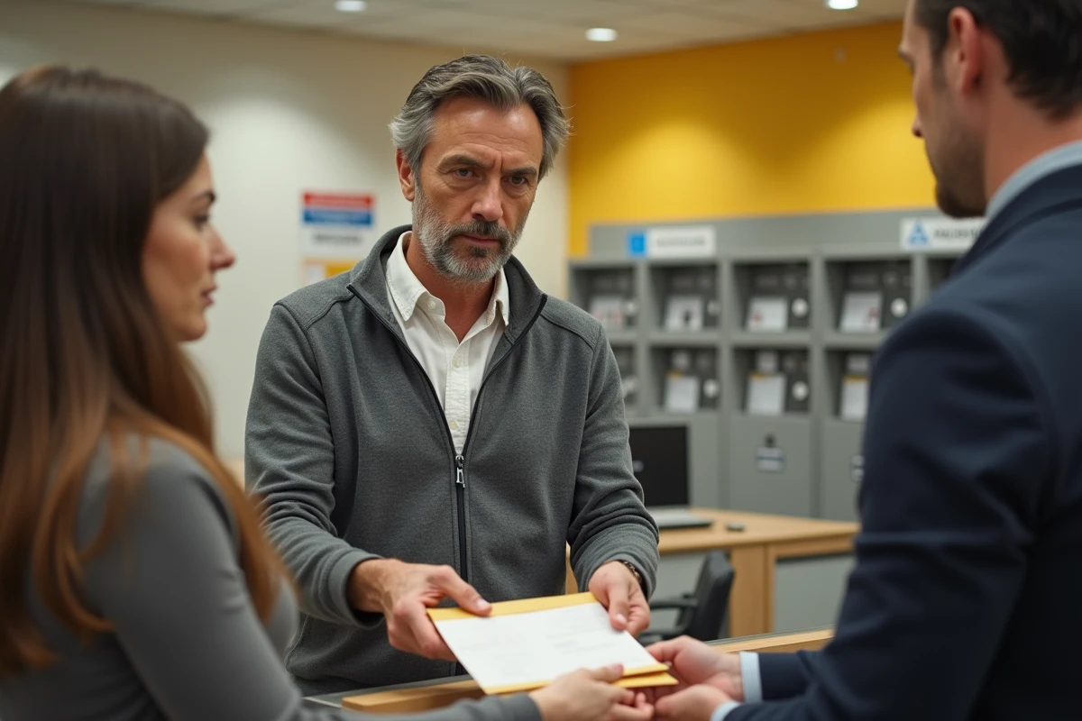 Homme déposant une enveloppe au guichet de La Poste pour envoi à la CPAM de Lyon