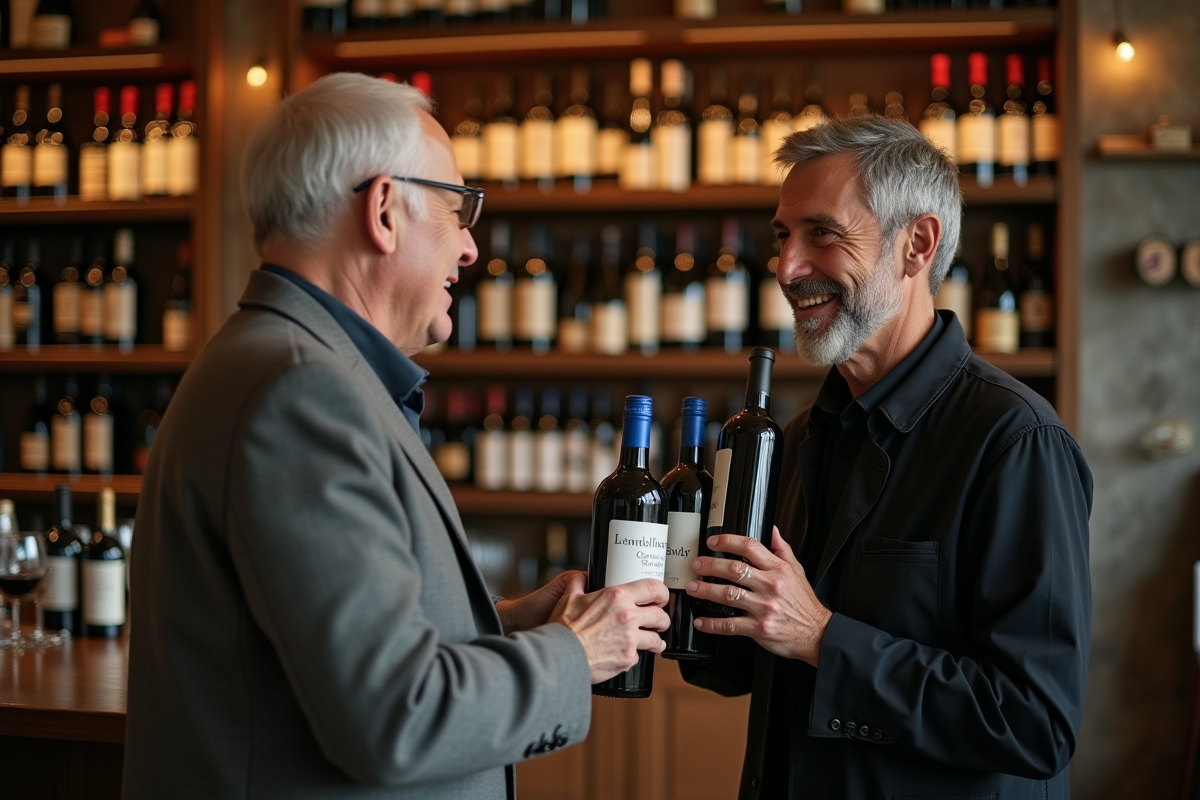 Homme âgé discutant avec un sommelier dans une cave à vin