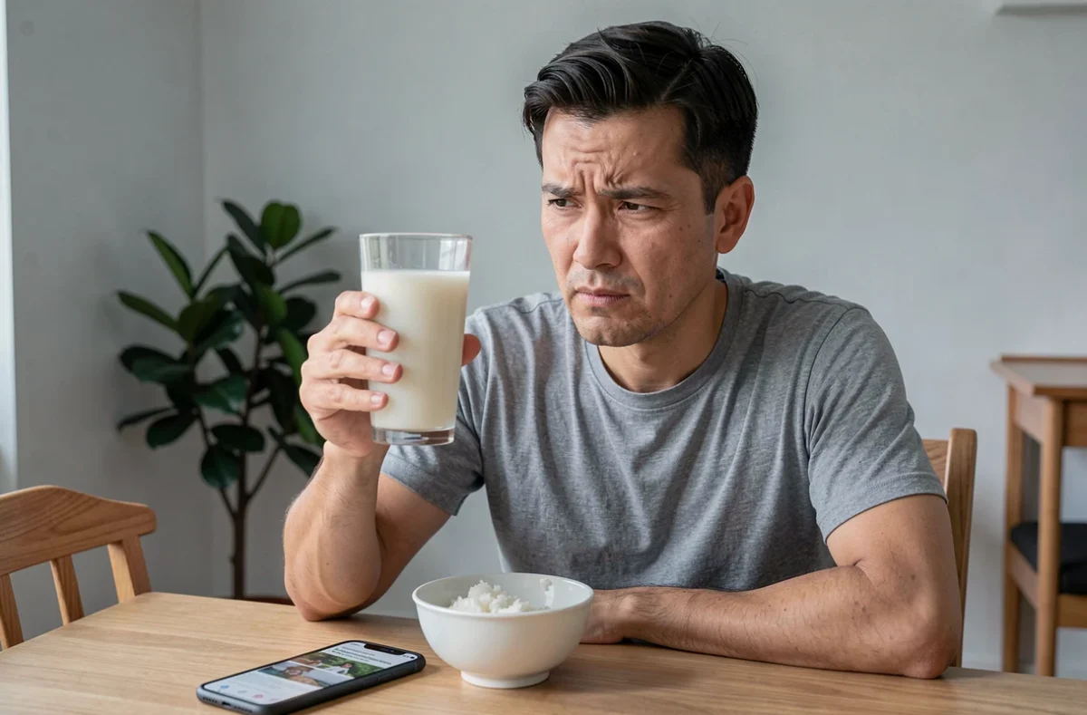 Homme examinant un verre d'eau de riz avec une expression dubitative, assis à une table avec un bol de riz cuit