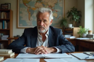 Homme humanitaire mature en réflexion dans un bureau lumineux