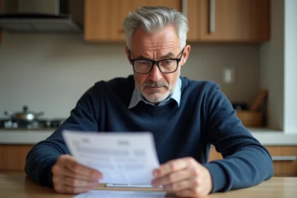 Homme inquiet regardant ses résultats médicaux en cuisine