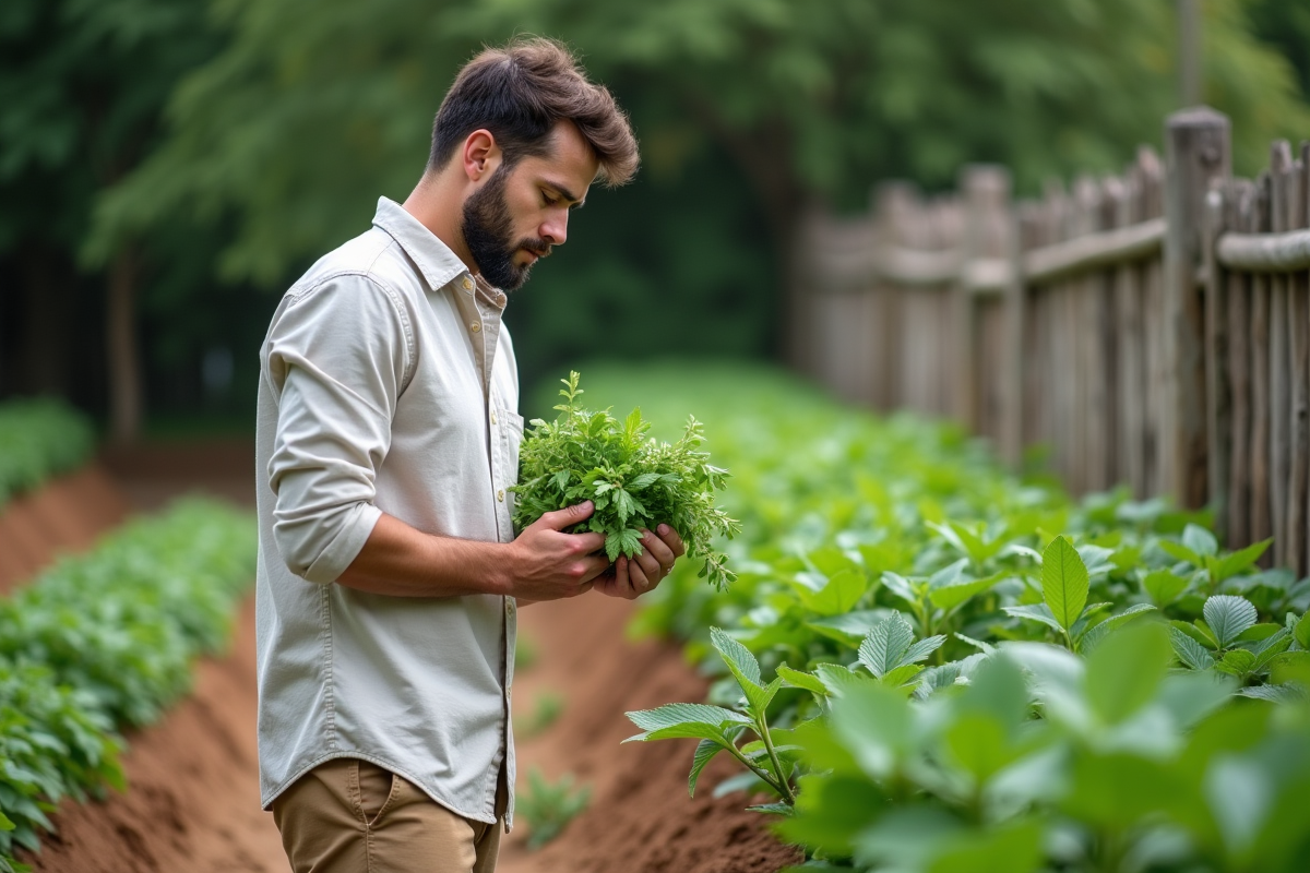 Homme cueillant des herbes dans un jardin luxuriant
