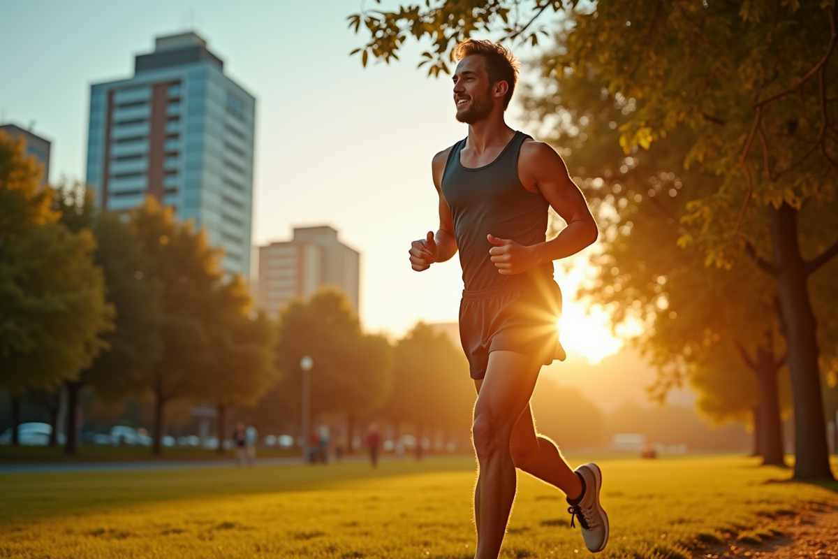 Homme courant dans un parc au lever du soleil