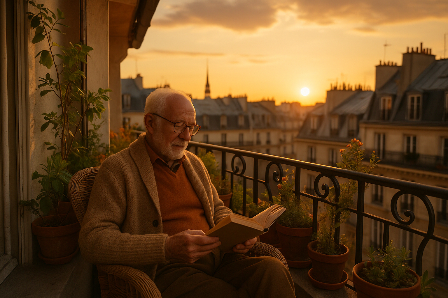 Homme âgé lisant sur un balcon avec vue sur Paris au coucher du soleil