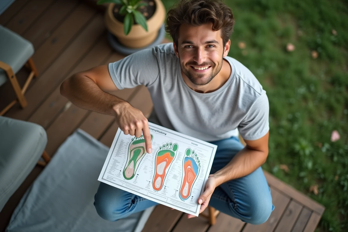 Jeune homme montrant un plan de réflexologie du pied en extérieur