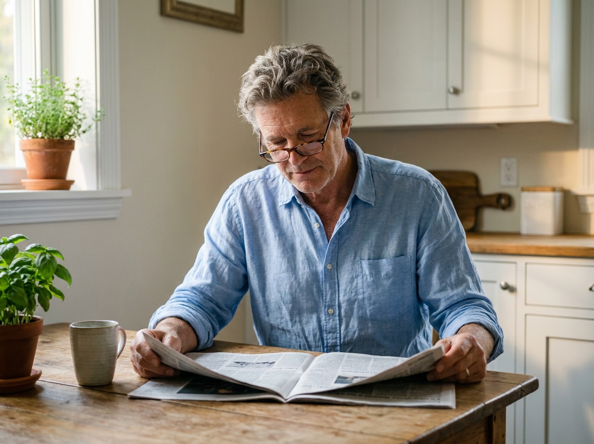 Homme âgé portant ses nouvelles lunettes de lecture confortablement à la maison le matin