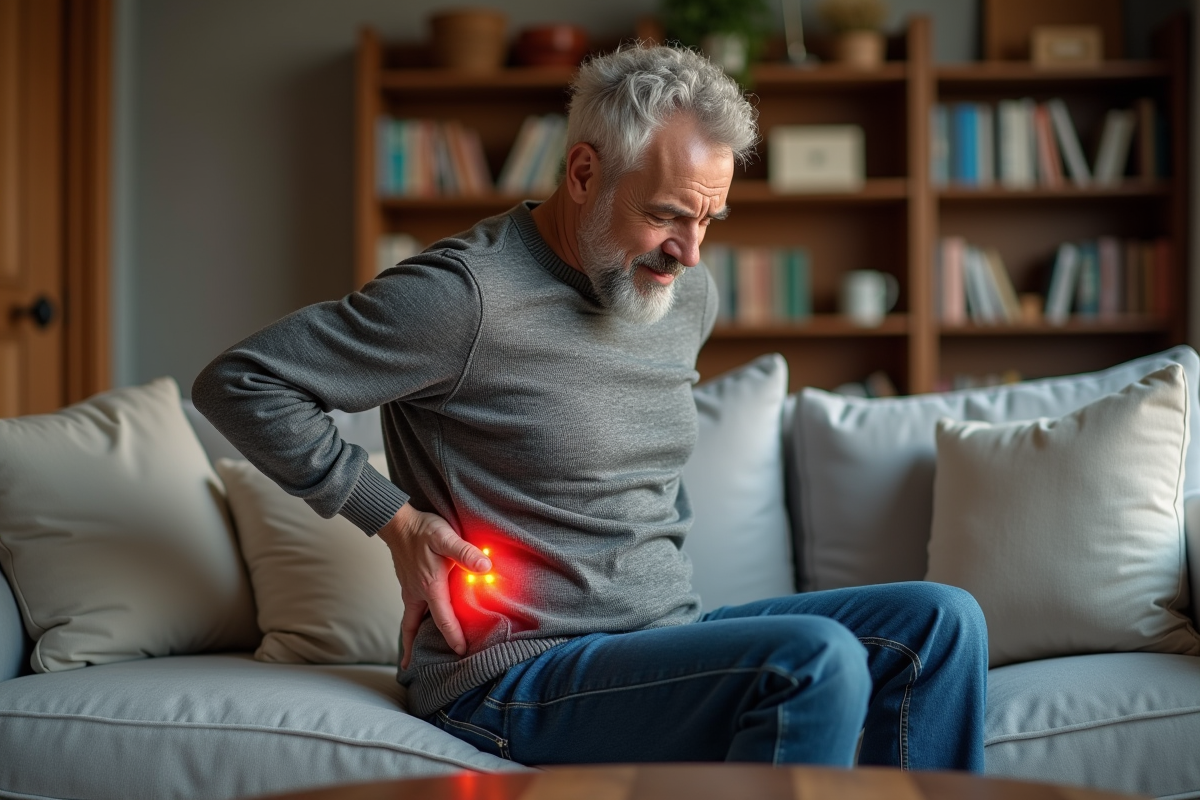 Homme assis sur le canapé se plaignant de mal de dos