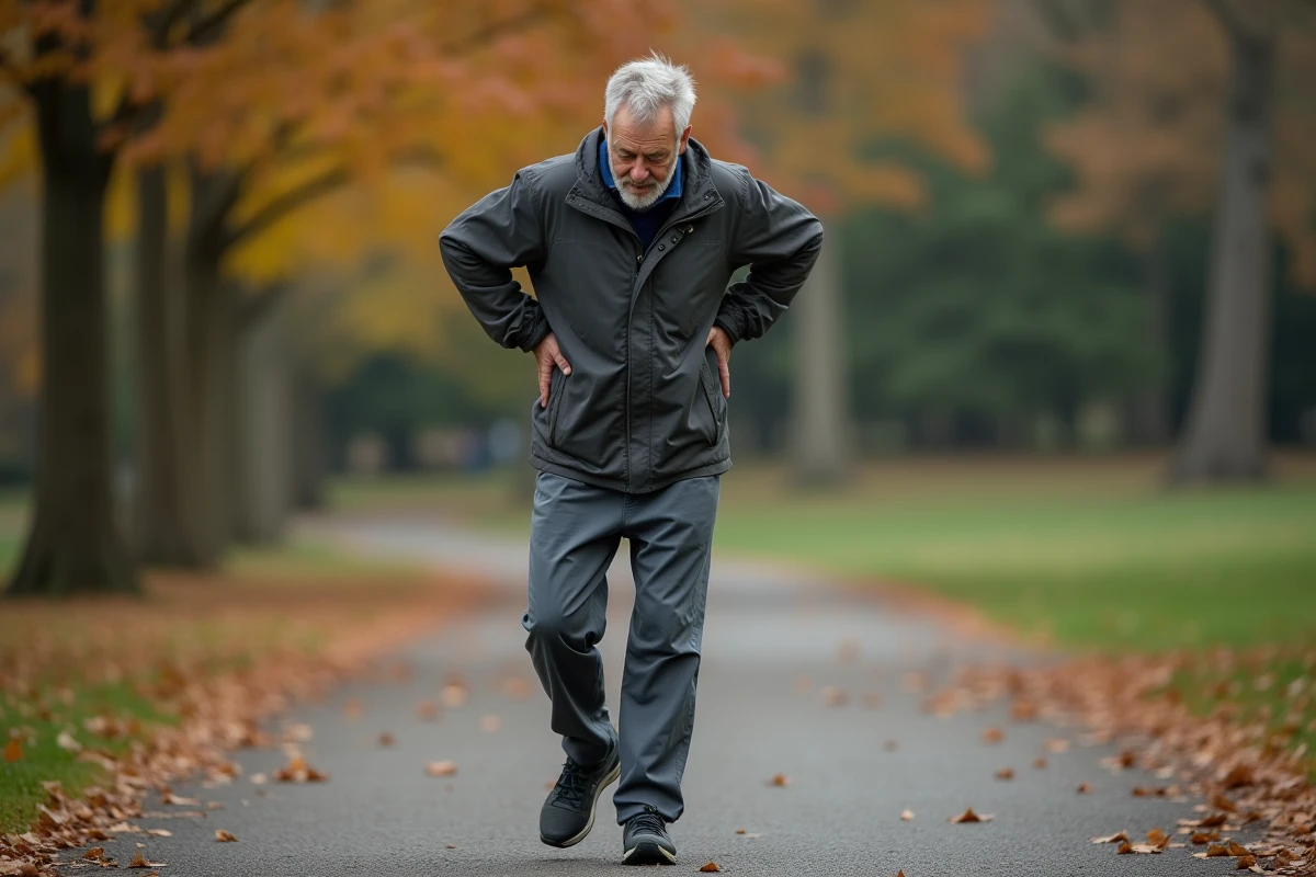 Homme marche dans un parc en automne avec douleur