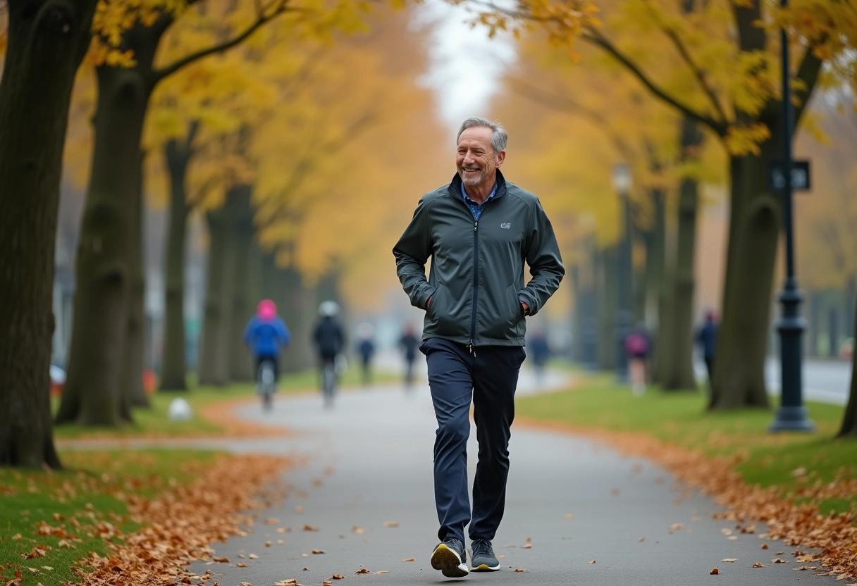 Homme souriant marchant dans un parc urbain en automne