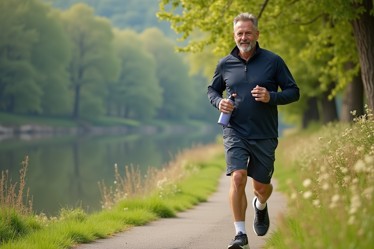 Homme en marche sportive au bord de la rivière au printemps