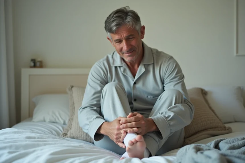 Homme d'âge moyen se massant les jambes au réveil dans sa chambre