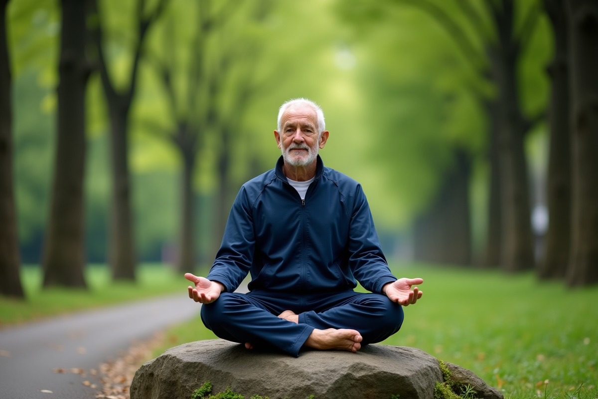 Homme méditant en plein air dans un parc verdoyant