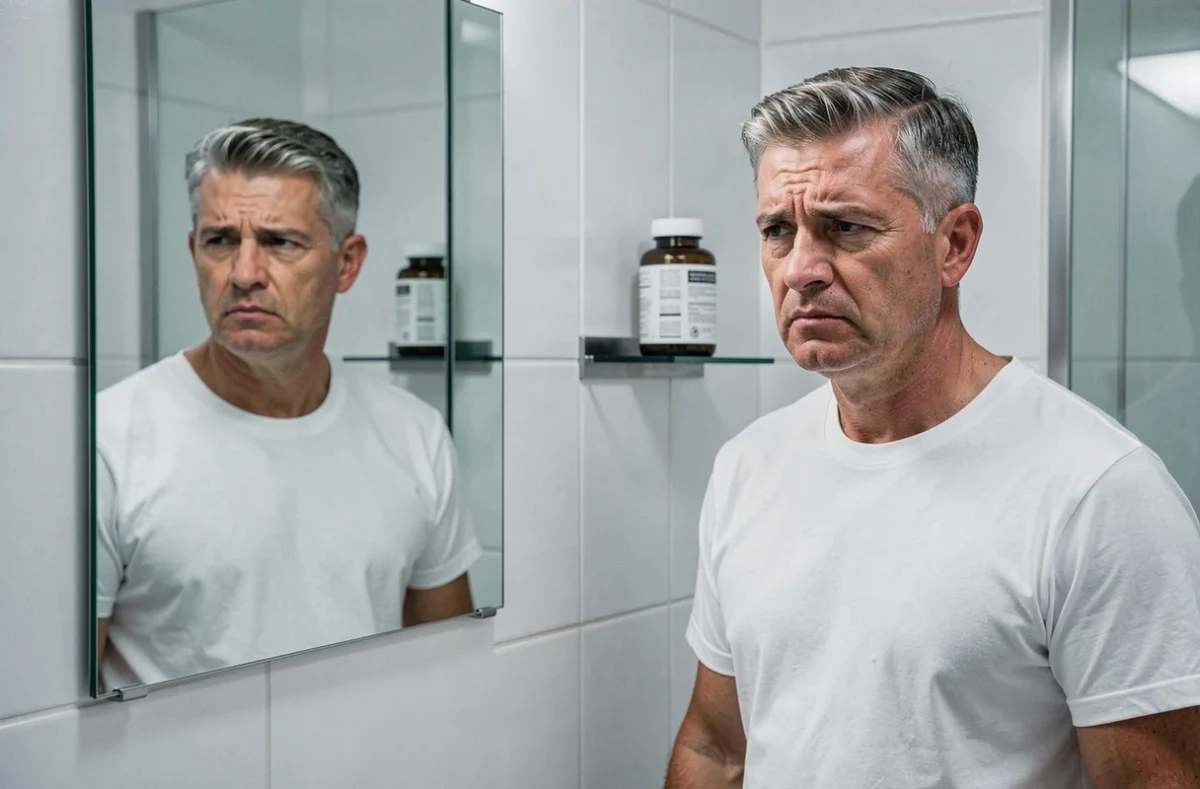 Homme d'âge mûr se regardant dans le miroir avec une expression dubitative face à l'absence de résultats d'un complément