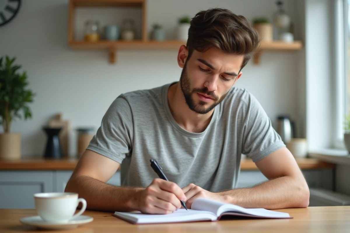 Jeune homme à la table notant son horaire de sommeil
