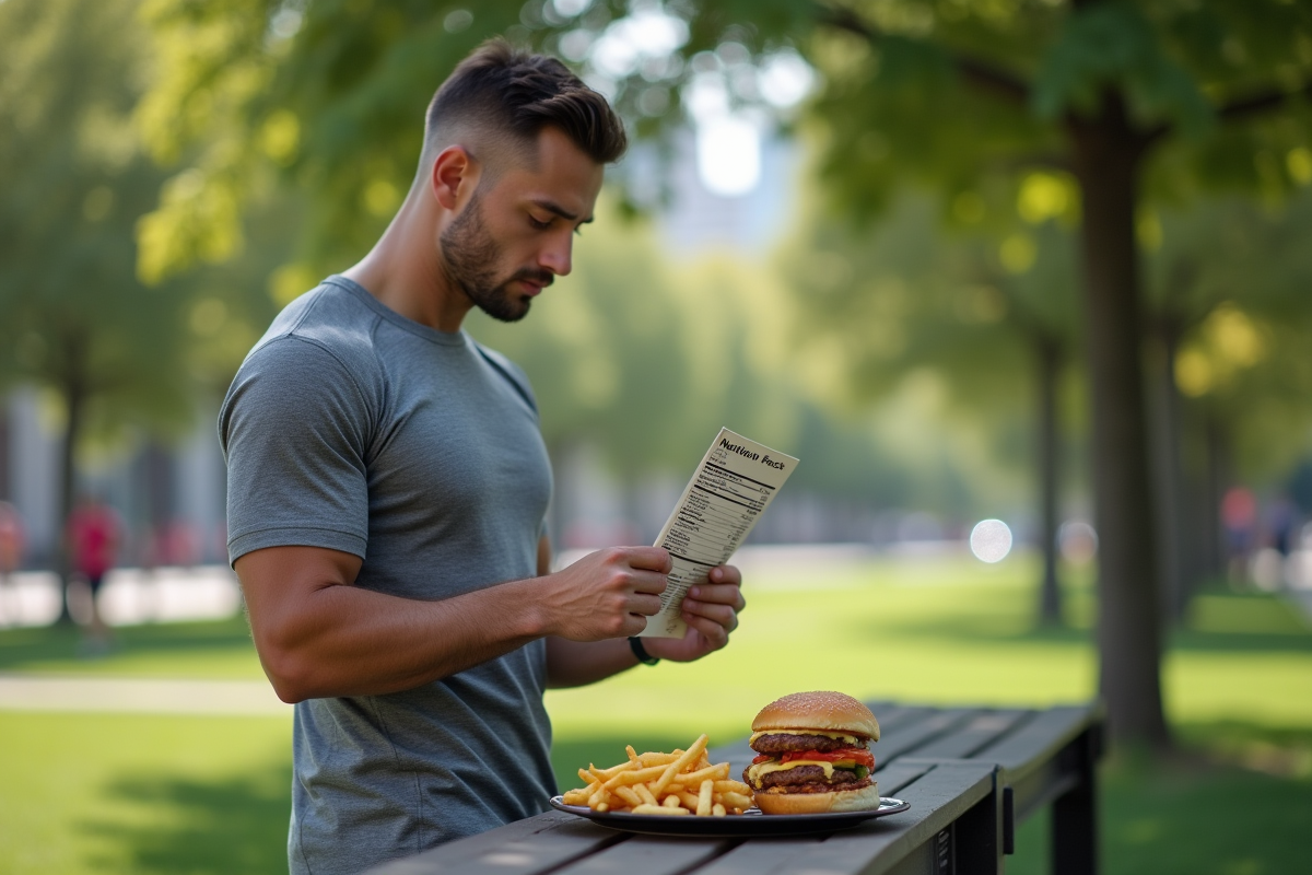 Homme regardant un burger gras en plein air dans un parc