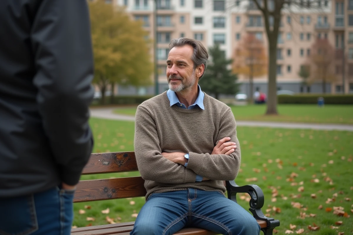 Homme assis sur un banc dans un parc urbain automne