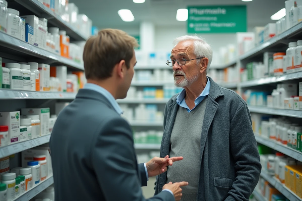Homme âgé consultant un pharmacien en pharmacie moderne